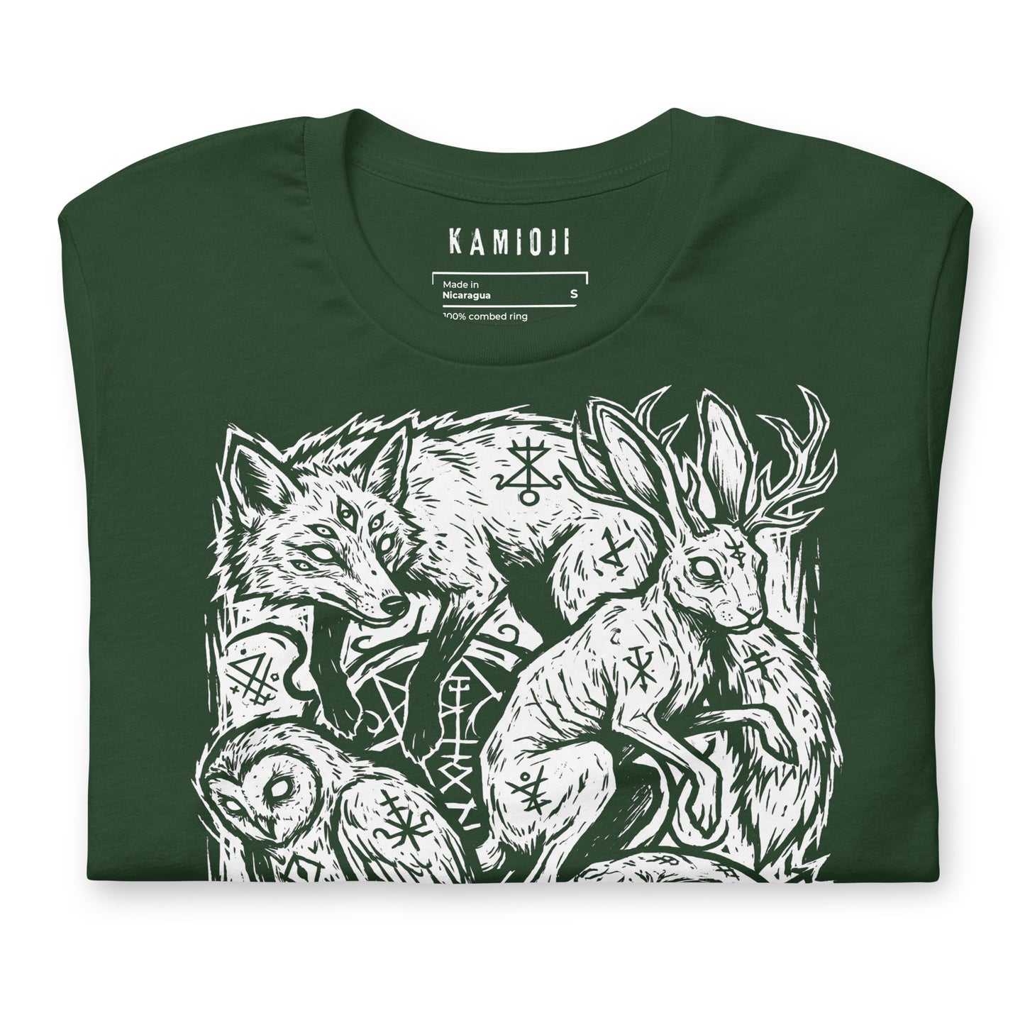 Gothic folklore shirt featuring symbolic animal imagery, rune accents, and dark nature themed illustration artwork.