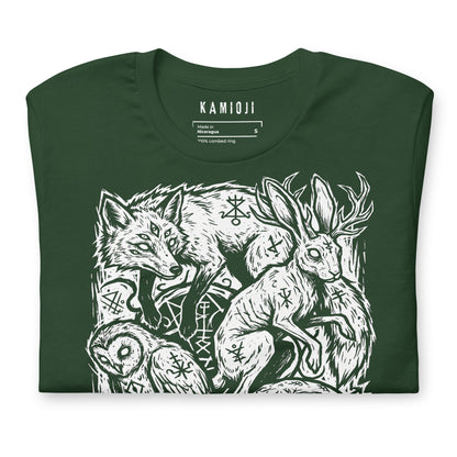 Gothic folklore shirt featuring symbolic animal imagery, rune accents, and dark nature themed illustration artwork.