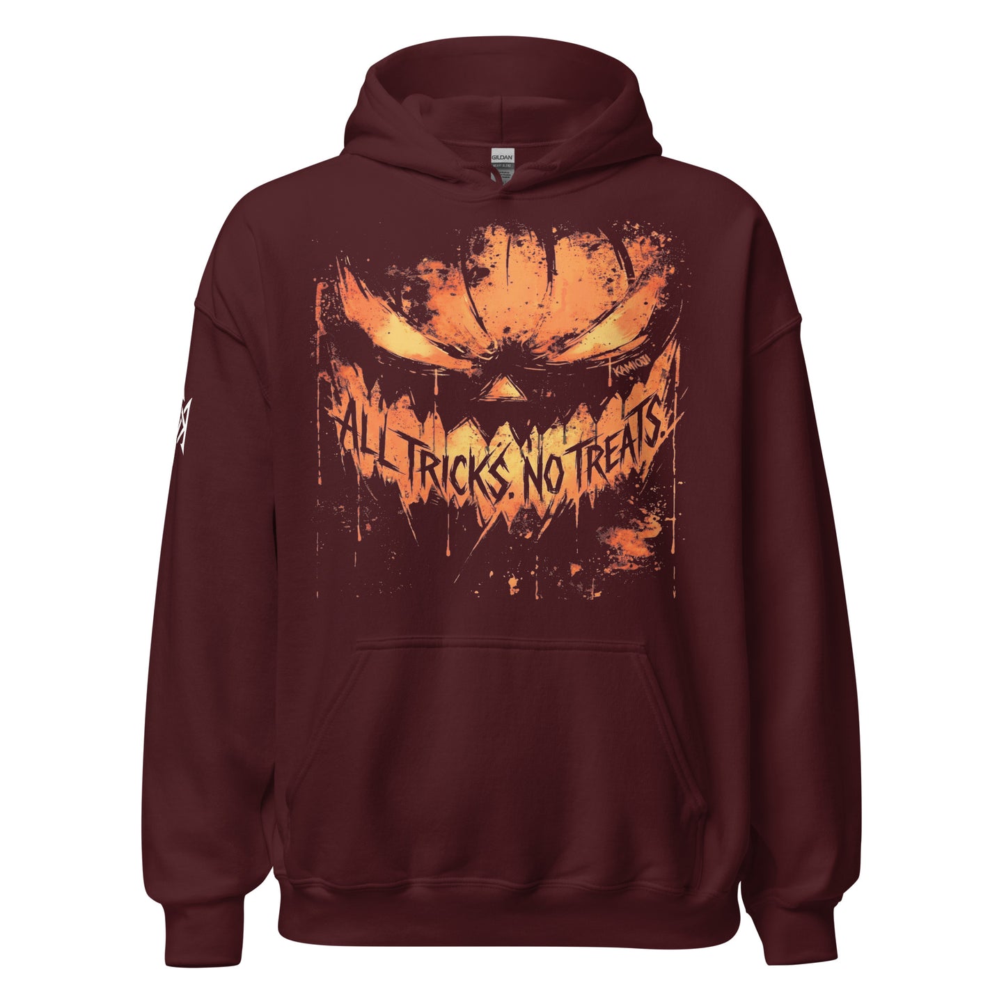 Halloween horror hoodie featuring an oversized evil pumpkin illustration with jagged teeth and grunge-style detailing. | Colour: Maroon