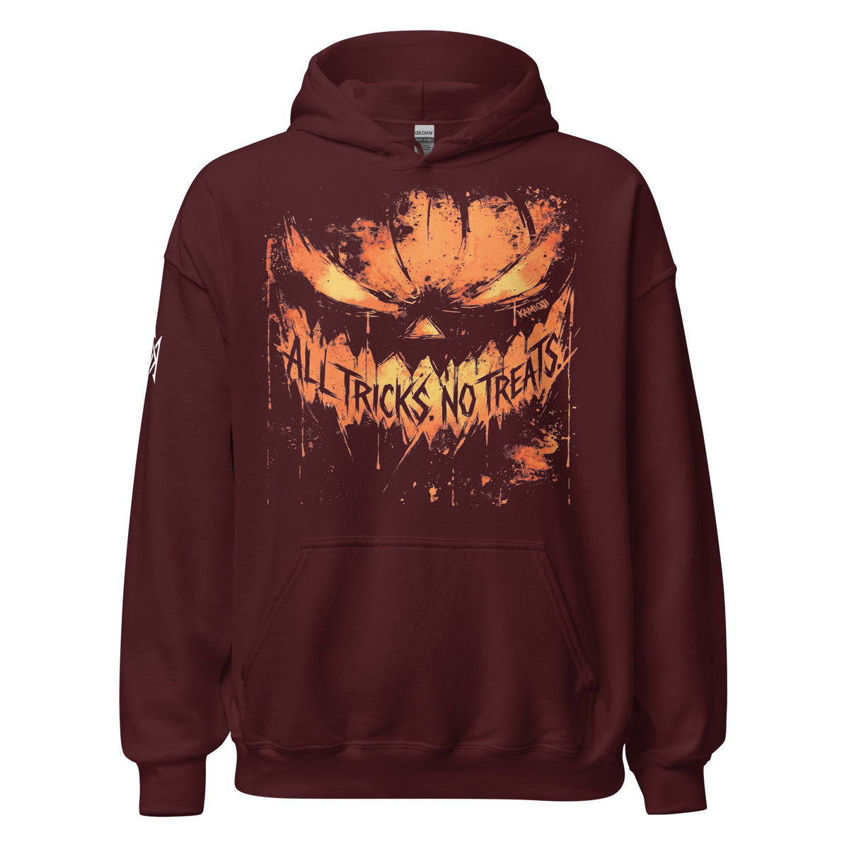Halloween horror hoodie featuring an oversized evil pumpkin illustration with jagged teeth and grunge-style detailing. | Colour: Maroon