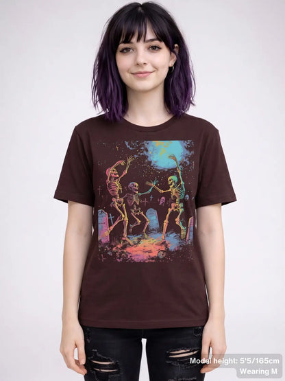 Skeleton dance shirt with playful graveyard illustration showing dancing skeletons under a moonlit night sky. | Colour: Oxblood Black
