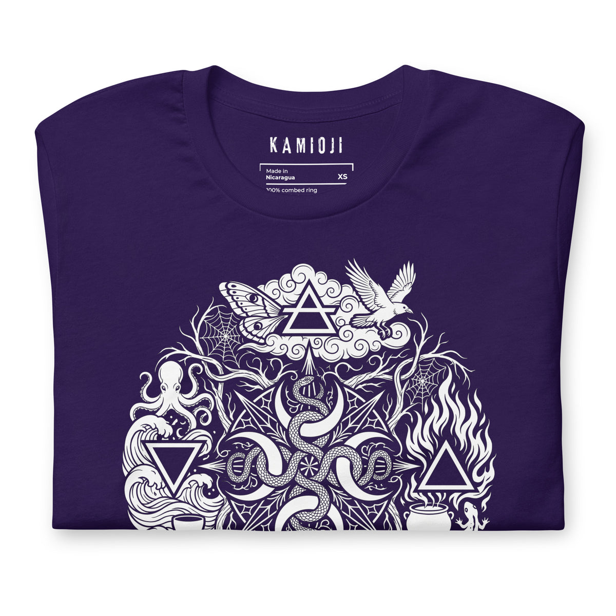 Purple occult T-shirt featuring mystical animals, crystals, mushrooms and gothic line artwork | Colour: Purple