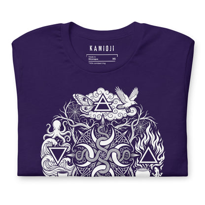 Purple occult T-shirt featuring mystical animals, crystals, mushrooms and gothic line artwork | Colour: Purple