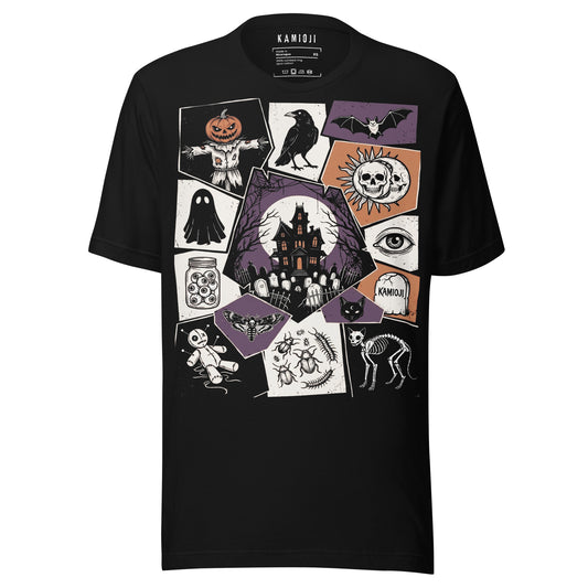 KAMIOJI black t-shirt with a spooky Halloween collage of a haunted house, graveyard, crow, ghosts, bats and skeletons, front view | Colour: Black