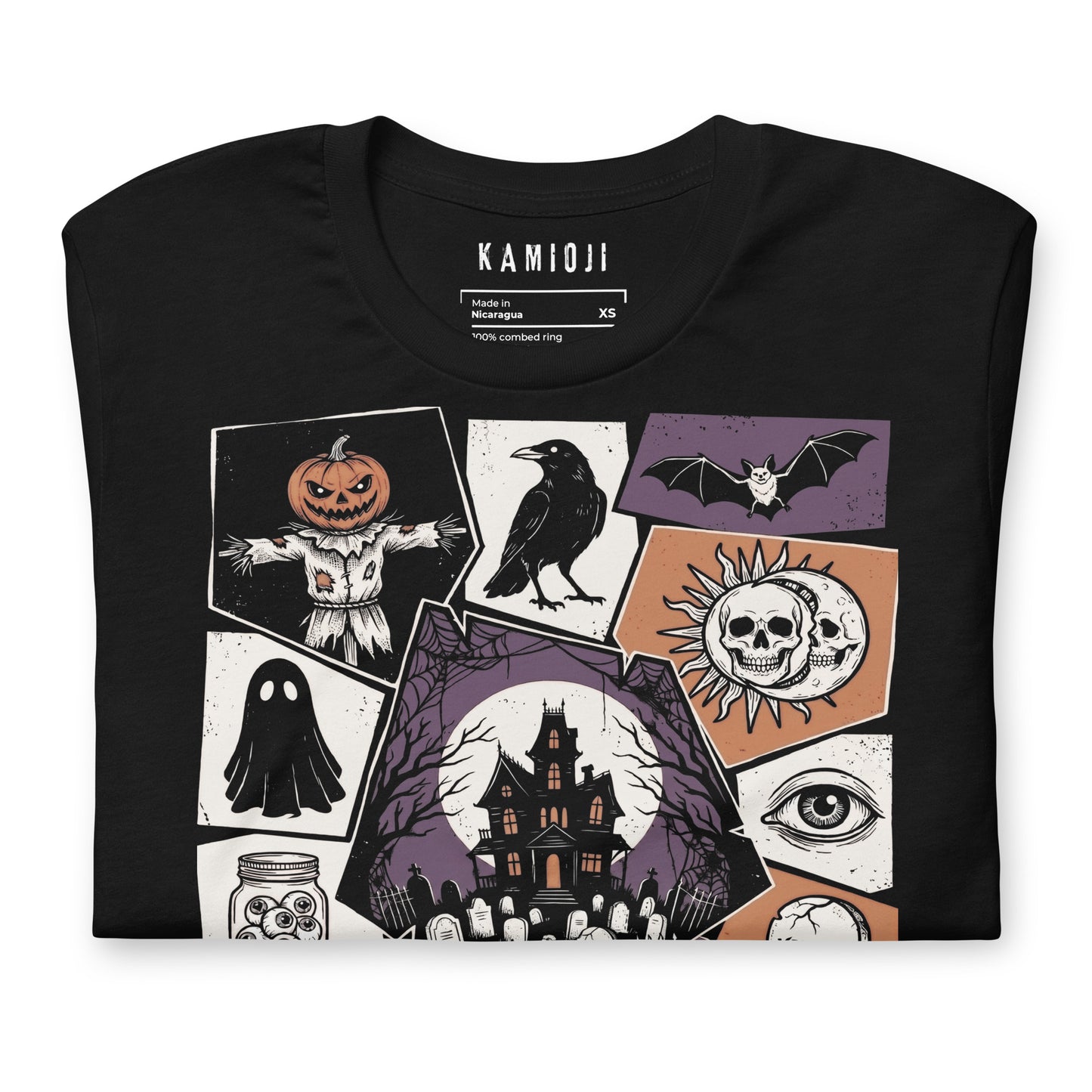 KAMIOJI black shirt with a spooky Halloween graphic, front view | Colour: Black