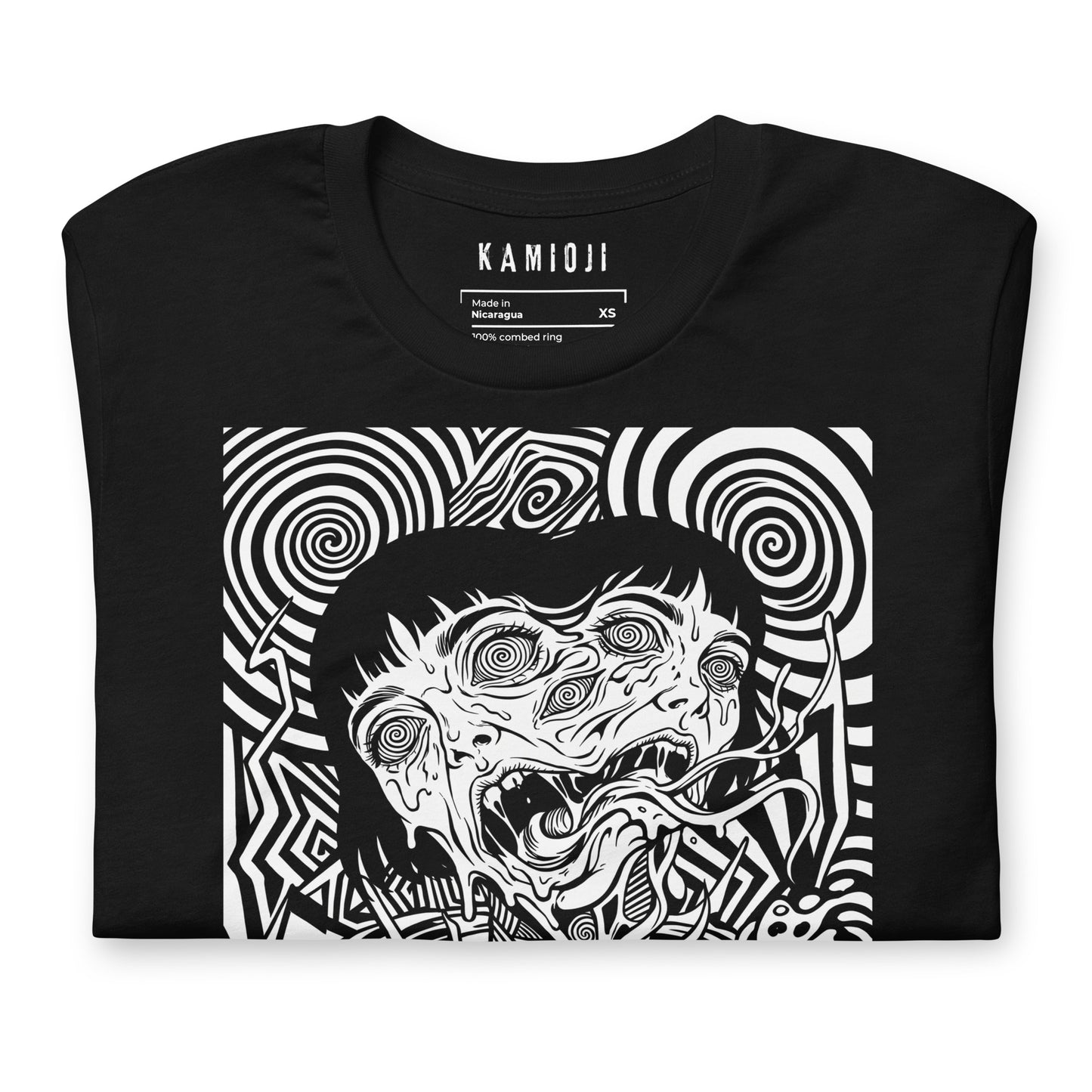 Close-up of the KAMIOJI distorted face and psychedelic horror graphic T-shirt | Colour: Black