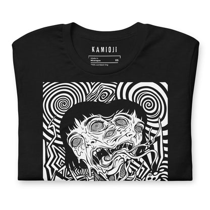 Close-up of the KAMIOJI distorted face and psychedelic horror graphic T-shirt | Colour: Black