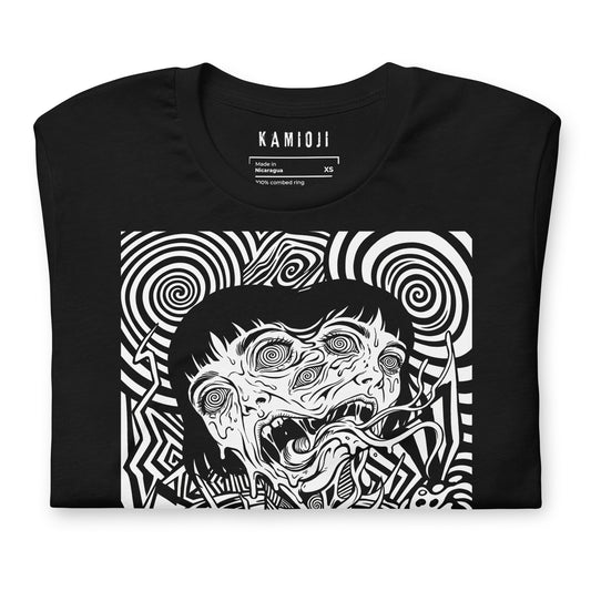 Close-up of the KAMIOJI distorted face and psychedelic horror graphic T-shirt | Colour: Black