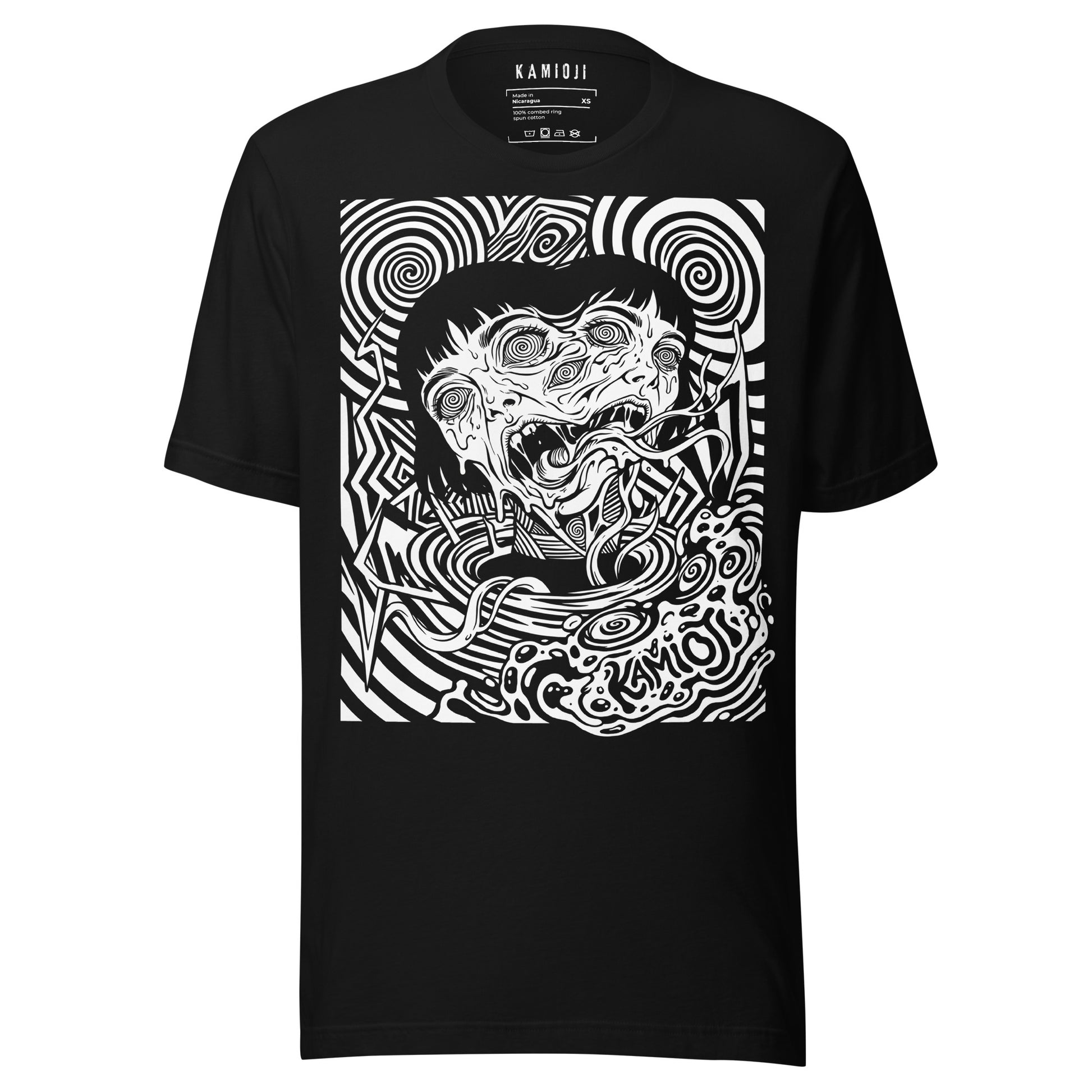 KAMIOJI surreal horror T-shirt featuring a distorted face surrounded by hypnotic psychedelic linework, front view. Inspired by Junji Ito | Colour: Black