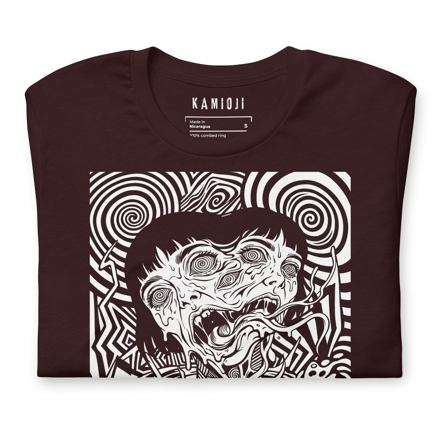 Close-up of the KAMIOJI distorted face and psychedelic horror graphic T-shirt | Colour: Oxblood Black
