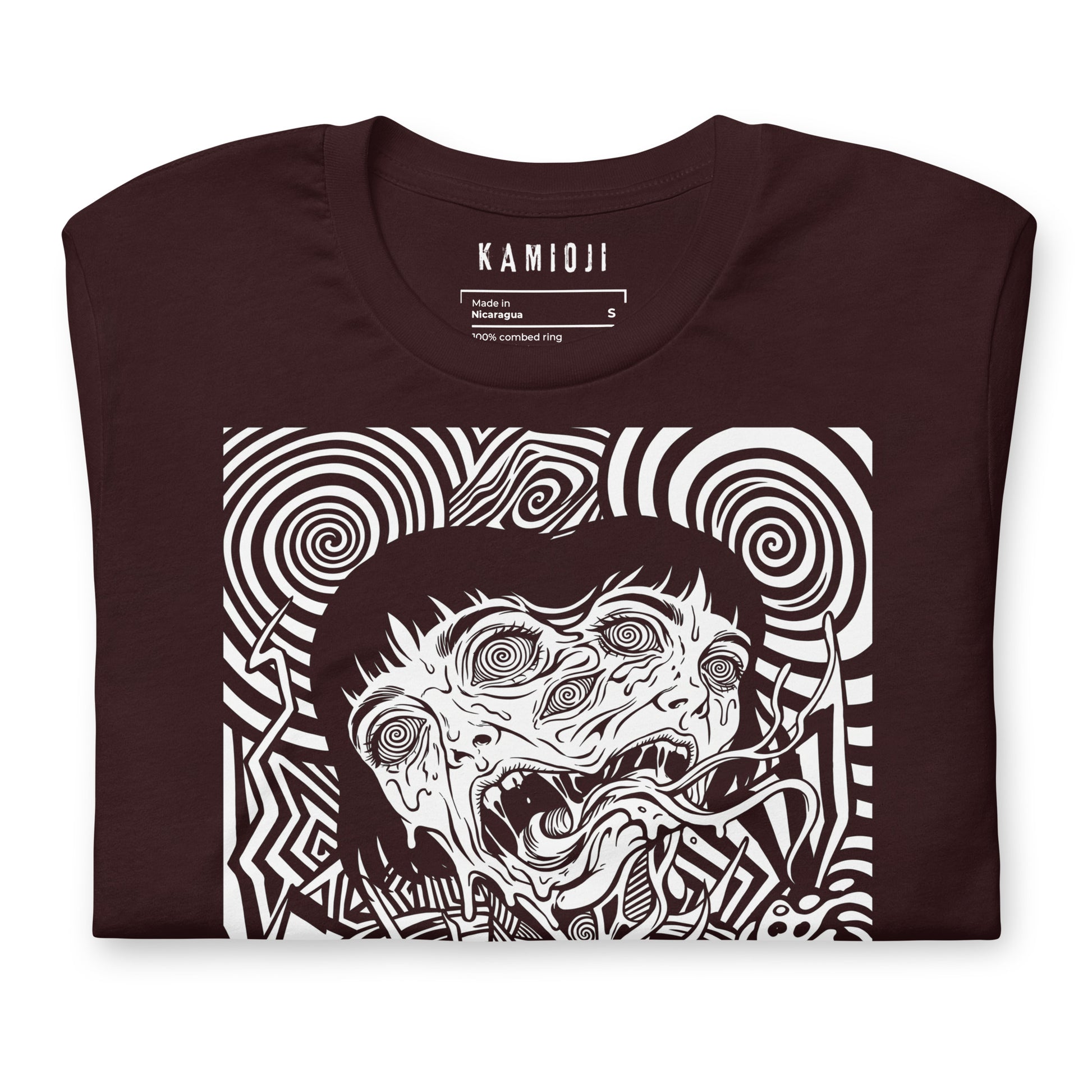 Close-up of the KAMIOJI distorted face and psychedelic horror graphic T-shirt | Colour: Oxblood Black