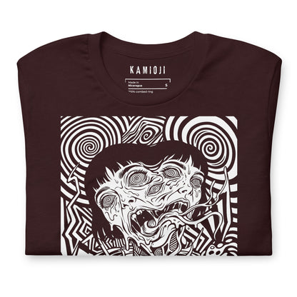 Close-up of the KAMIOJI distorted face and psychedelic horror graphic T-shirt | Colour: Oxblood Black