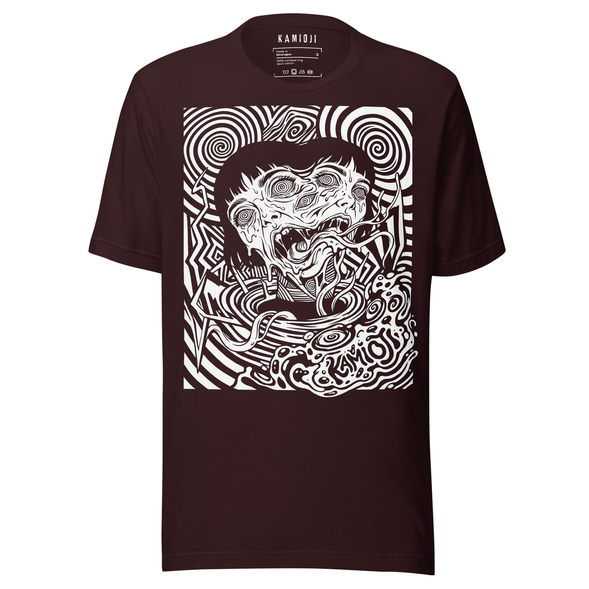 KAMIOJI surreal horror T-shirt featuring a distorted face surrounded by hypnotic psychedelic linework, front view | Colour: Oxblood Black