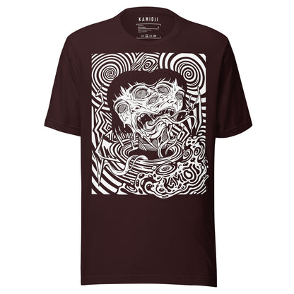 KAMIOJI surreal horror T-shirt featuring a distorted face surrounded by hypnotic psychedelic linework, front view | Colour: Oxblood Black