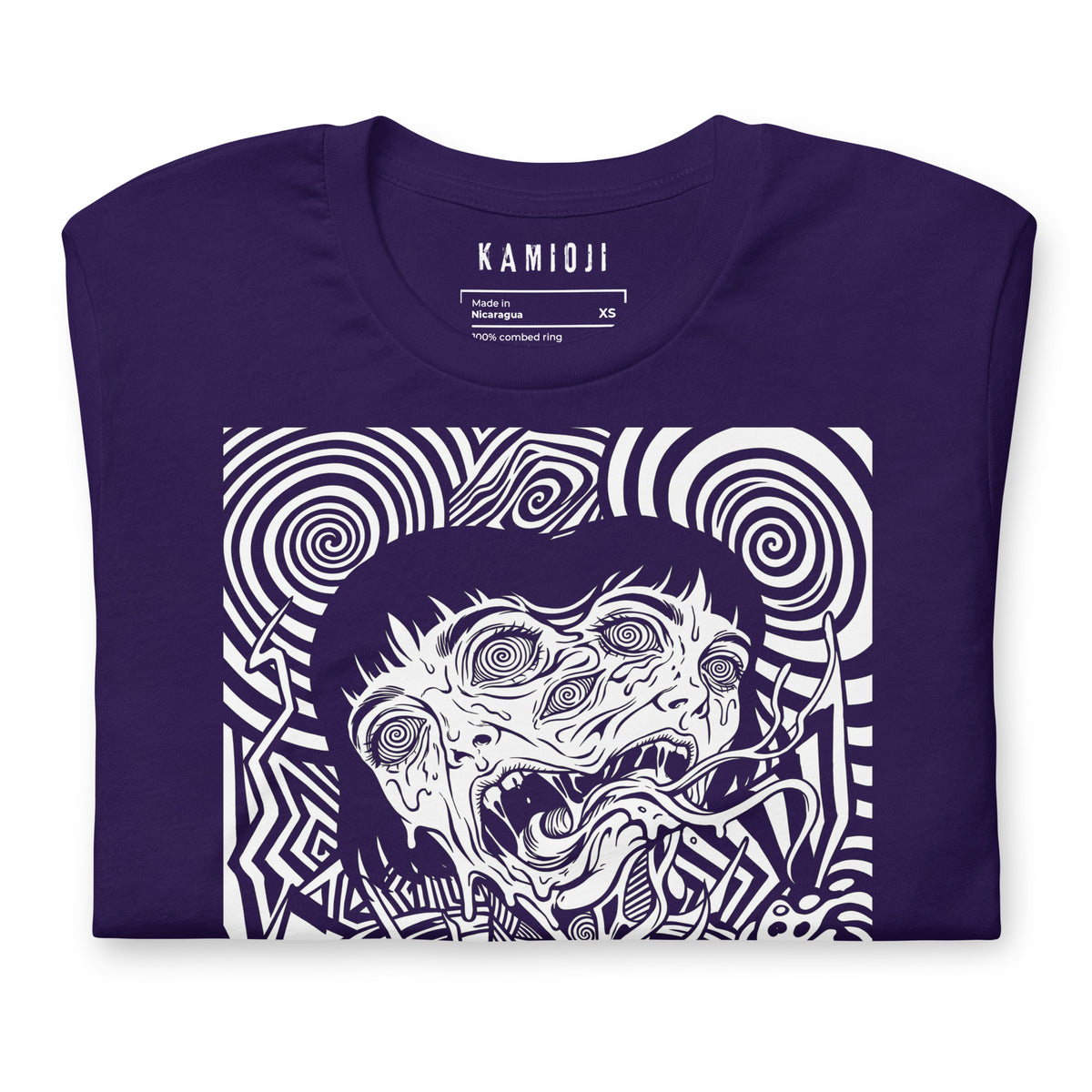 Close-up of the KAMIOJI distorted face and psychedelic horror graphic T-shirt | Colour: Purple