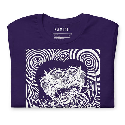 Close-up of the KAMIOJI distorted face and psychedelic horror graphic T-shirt | Colour: Purple