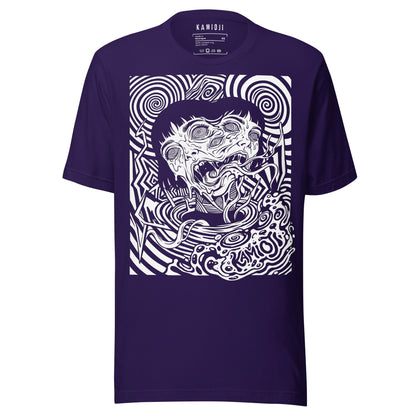 KAMIOJI surreal horror T-shirt featuring a distorted face surrounded by hypnotic psychedelic linework, front view | Colour: Purple