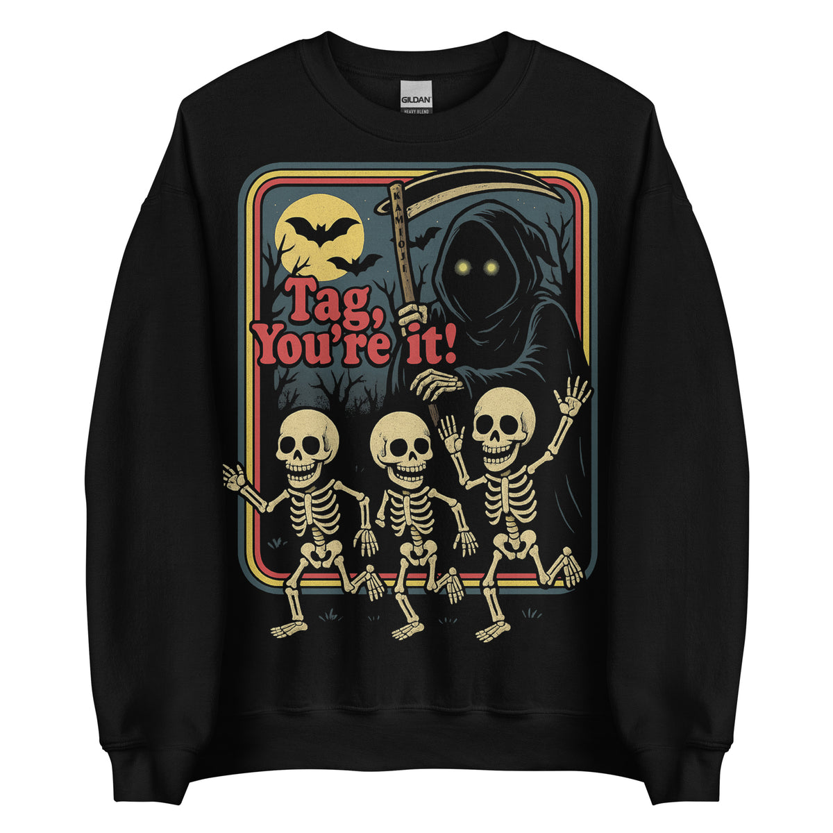 KAMIOJI Tag You’re It Halloween sweatshirt featuring skeleton children and a hooded figure in a vintage horror design, front view | Colour: Black