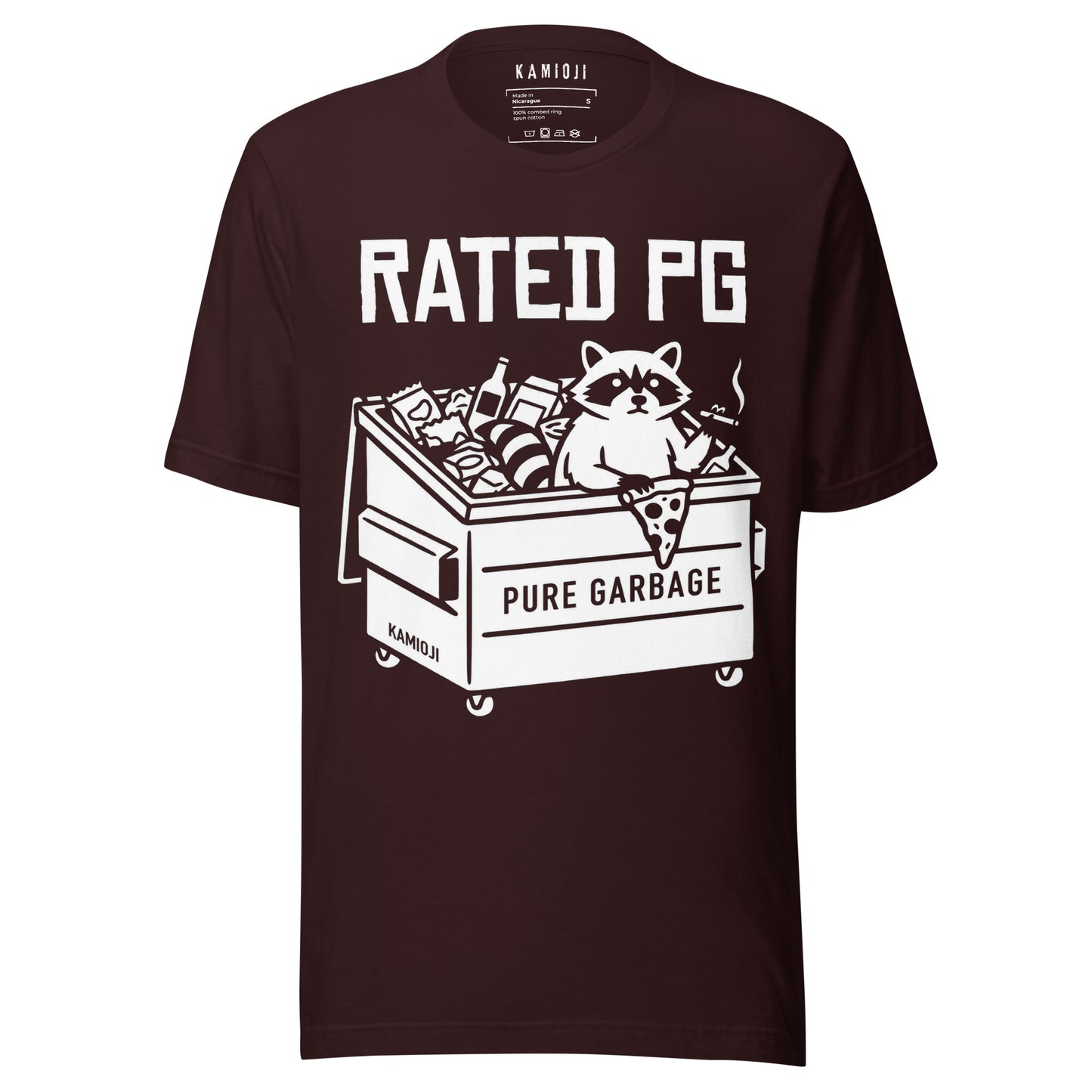 Meme animal shirt showing a raccoon in a dumpster holding a cigarette with Rated PG text