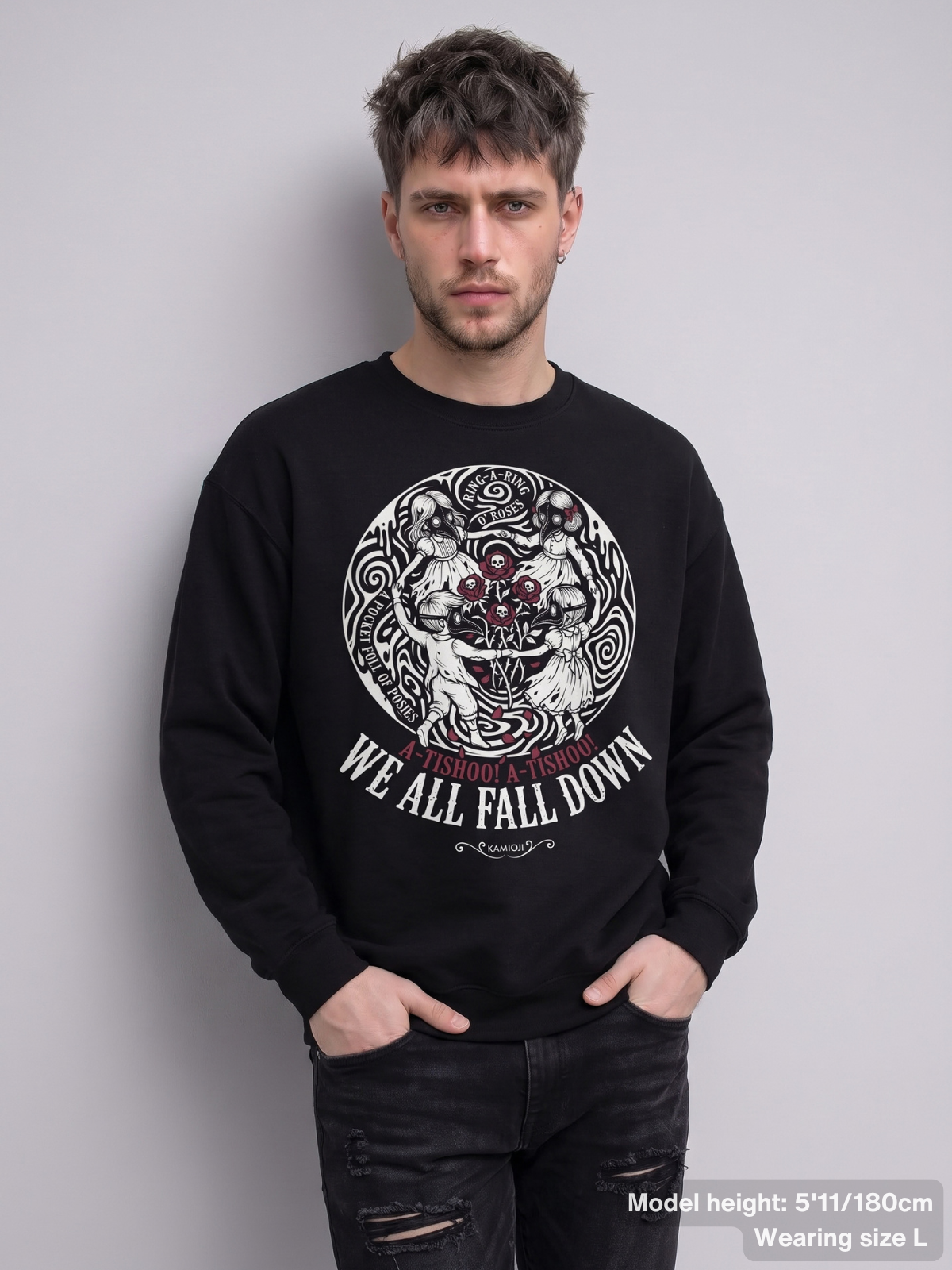 Male model wearing the KAMIOJI Ring a Ring o’ Roses plague doctor graphic sweatshirt | Colour: Black