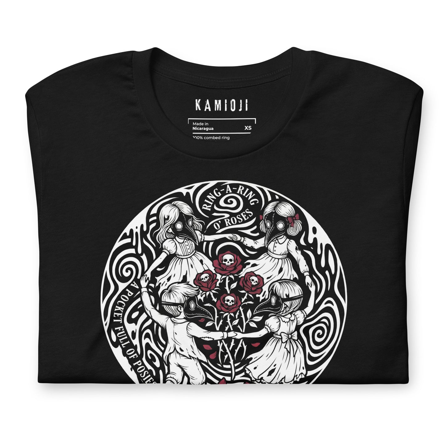 KAMIOJI black alternative T-shirt featuring the Ring a Ring o’ Roses plague doctor artwork, side view | Colour: Black