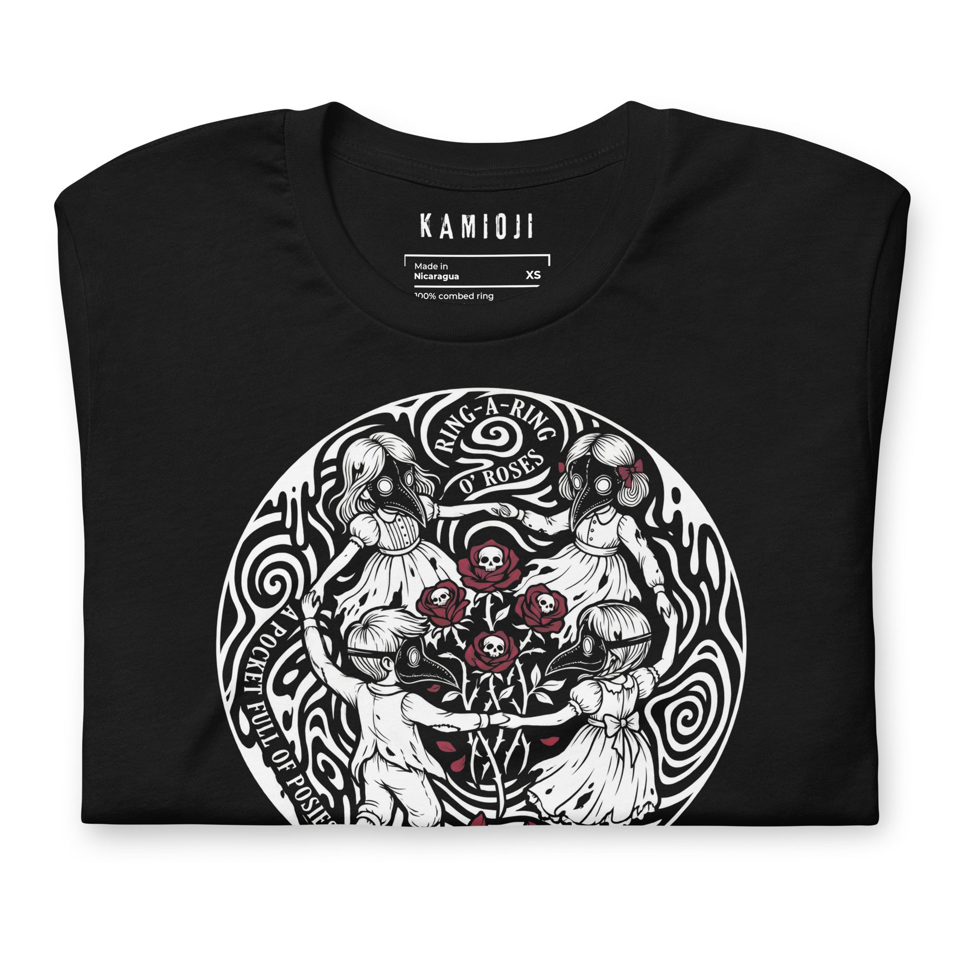 KAMIOJI black alternative T-shirt featuring the Ring a Ring o’ Roses plague doctor artwork, side view | Colour: Black
