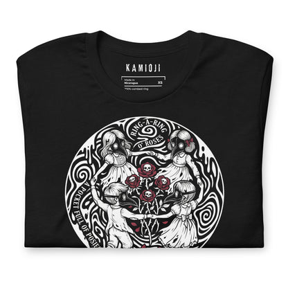 KAMIOJI black alternative T-shirt featuring the Ring a Ring o’ Roses plague doctor artwork, side view | Colour: Black