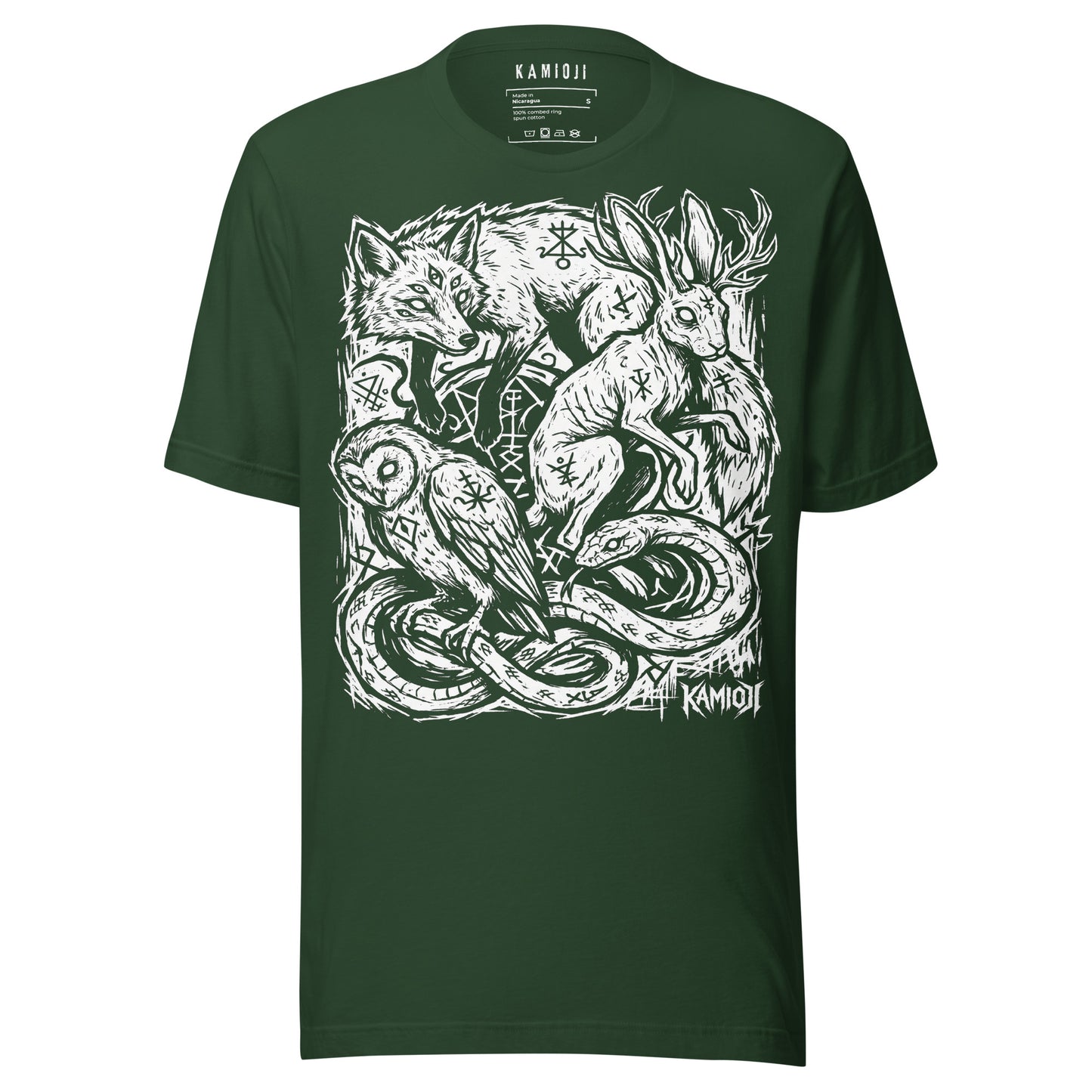 Mythical creature graphic tee combining forest animals, occult symbols, and folklore inspired artwork in a highly detailed composition.
