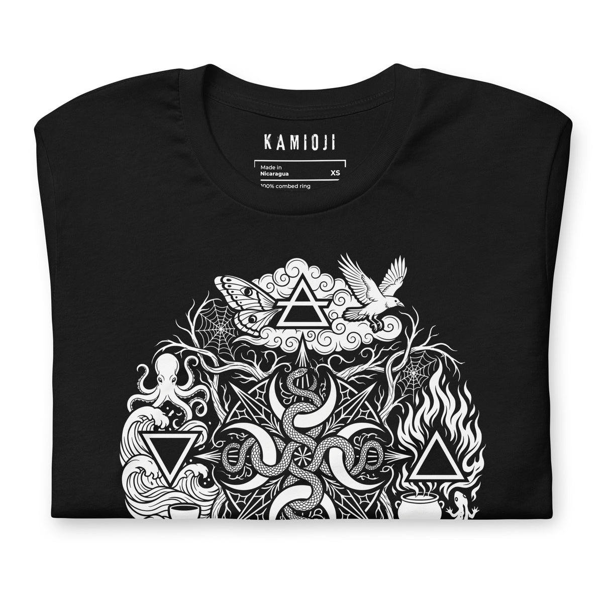 Witchy graphic T-shirt with a detailed white snake, skull, moth and cauldron illustration | Colour: Black