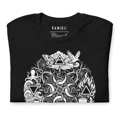 Witchy graphic T-shirt with a detailed white snake, skull, moth and cauldron illustration | Colour: Black