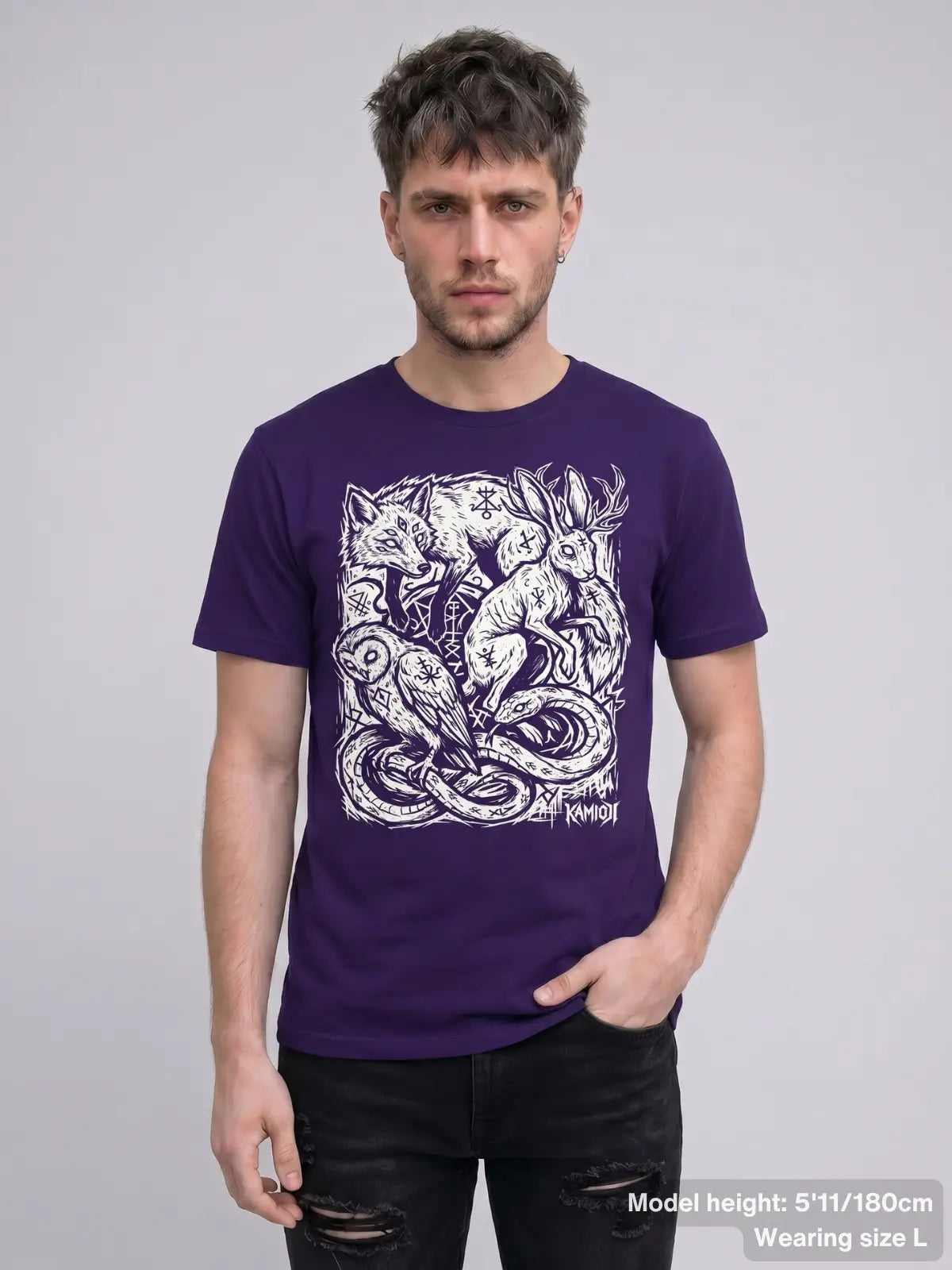 Man wearing a purple t-shirt with a white occult graphic design on a gray background | Colour: Purple