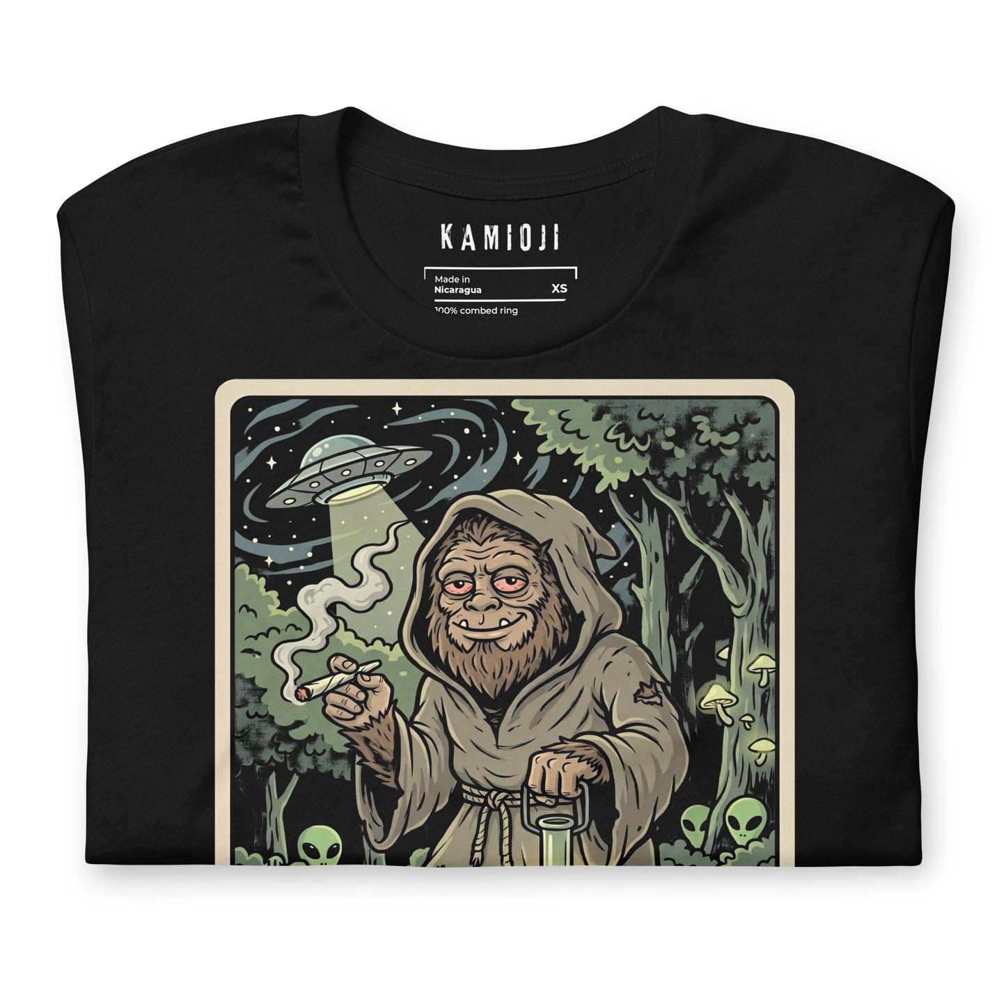 Bigfoot illustration on fabric, showing the cryptid smoking a joint and holding a water pipe lantern with a red-eyed expression.