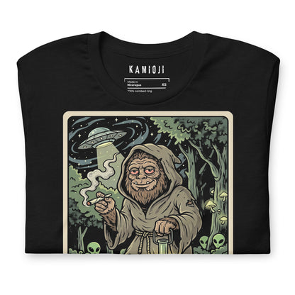 Bigfoot illustration on fabric, showing the cryptid smoking a joint and holding a water pipe lantern with a red-eyed expression.