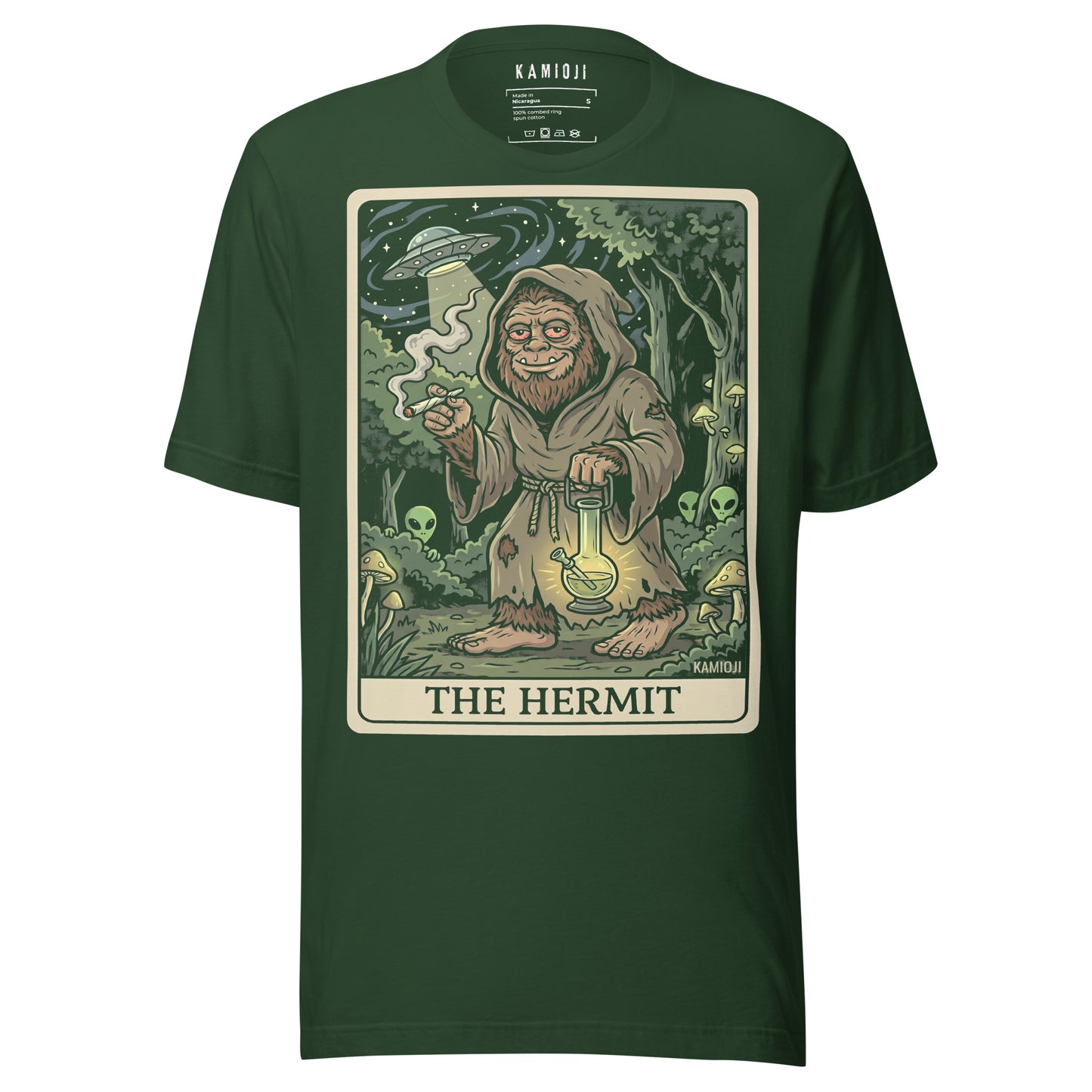 Retro-style illustrative print showing a Sasquatch in a hooded robe smoking a blunt while walking through a weirdcore forest.