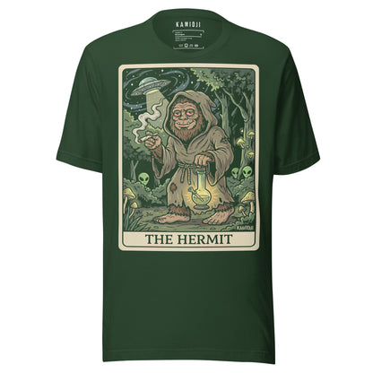 Retro-style illustrative print showing a Sasquatch in a hooded robe smoking a blunt while walking through a weirdcore forest.