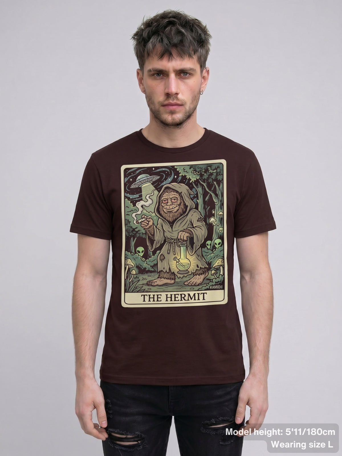 T-shirt with a detailed 'The Hermit' tarot design and the text "THE HERMIT" at the bottom of the card.