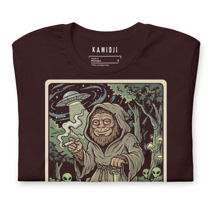Graphic of a UFO with a light beam above a hooded Sasquatch in a forest setting from 'The Hermit' tarot card.