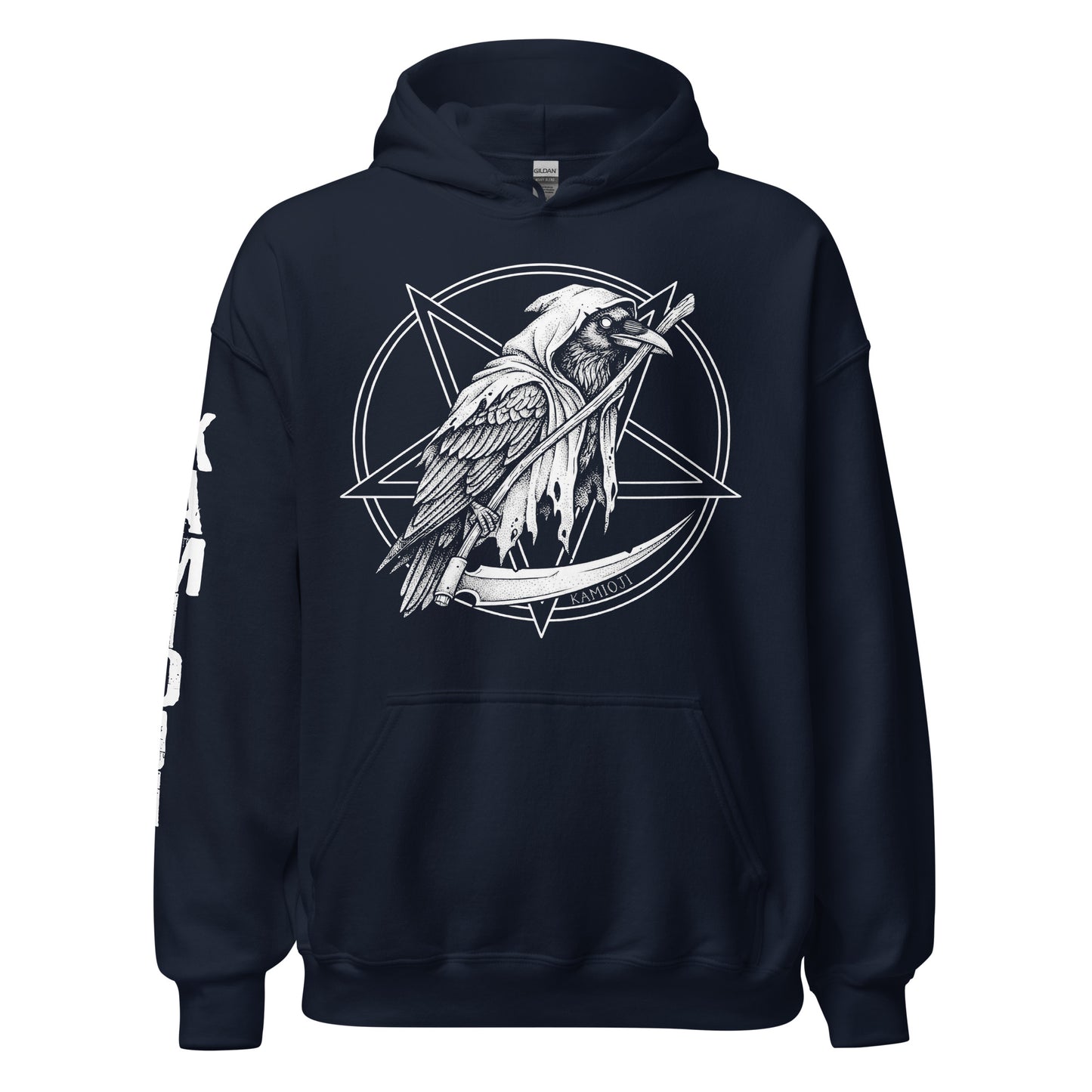 Pullover hoodie with a detailed hooded crow and scythe graphic framed by a pentagram circle.