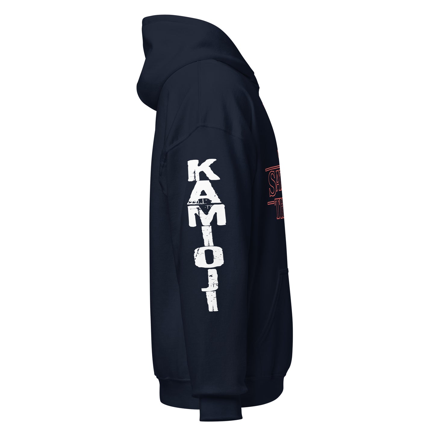 Satanic Things navy hoodie, KAMIOJI logo right arm.