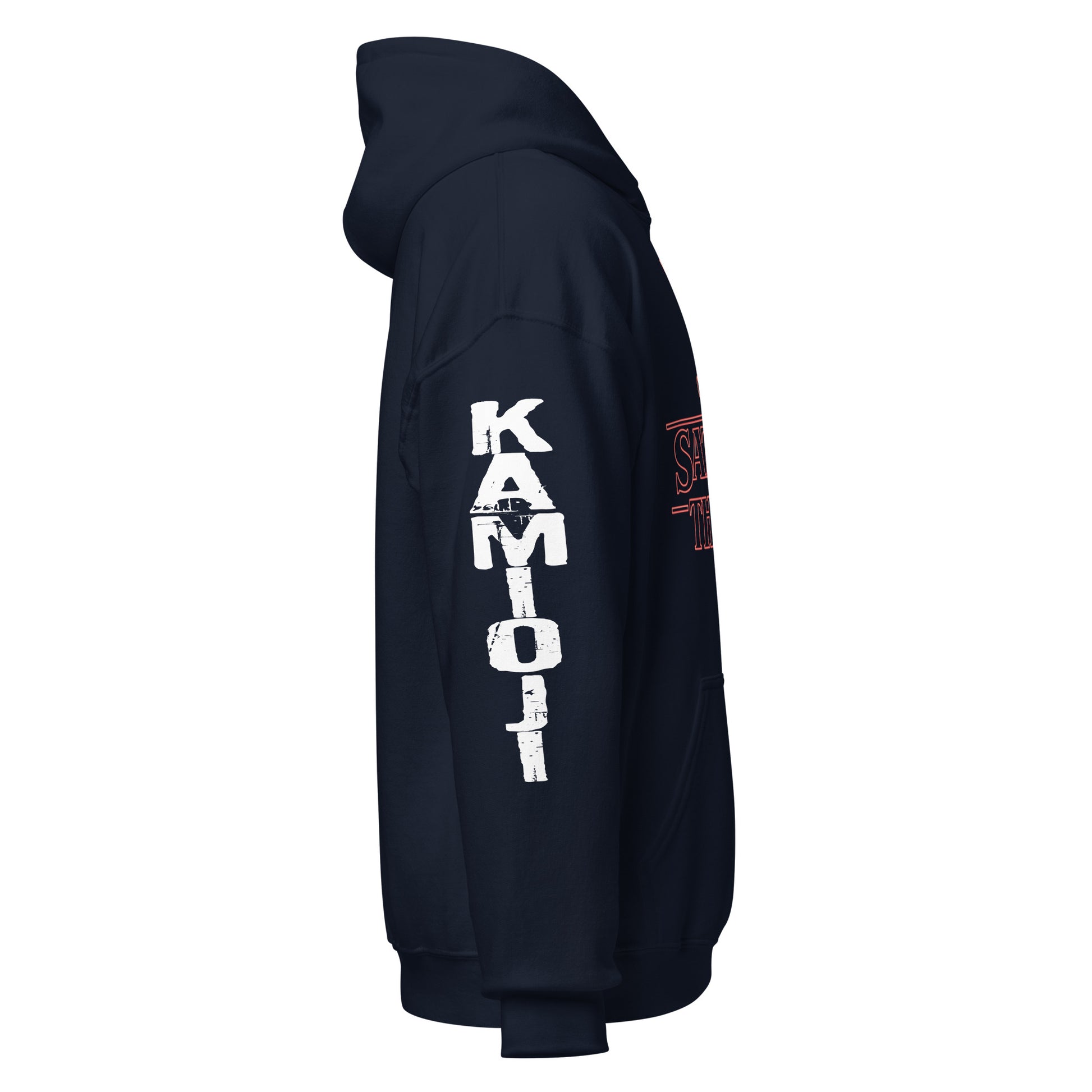 Satanic Things navy hoodie, KAMIOJI logo right arm.