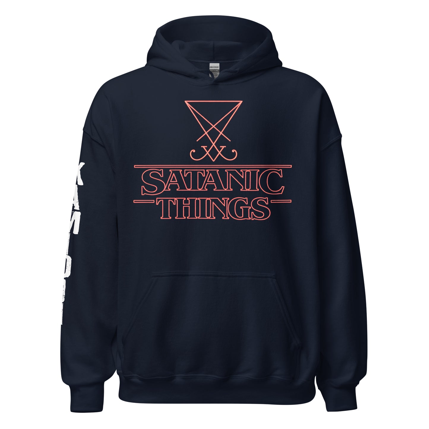 Hoodie with KAMIOJI printed vertically on the sleeve and “Satanic Things” chest graphic.