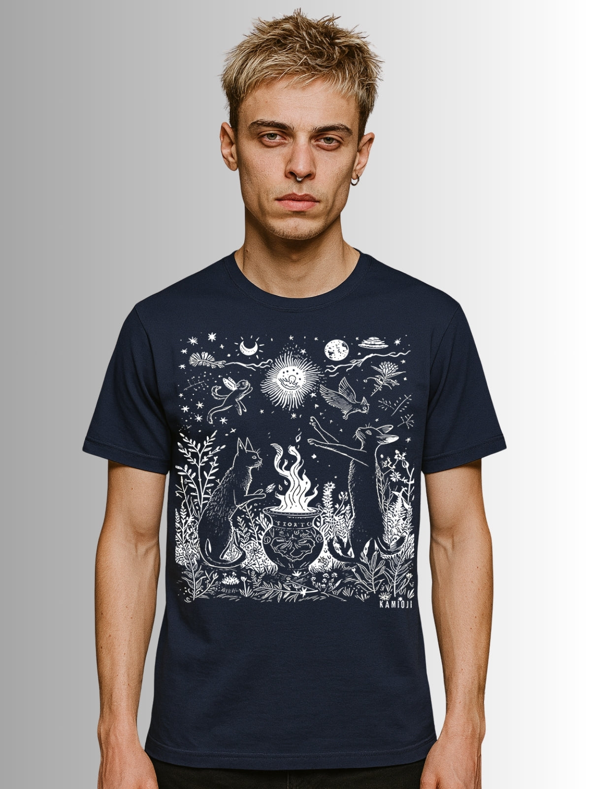 Alternative t shirt with a hand drawn celestial cat illustration inspired by folklore and ritual imagery. Navy.