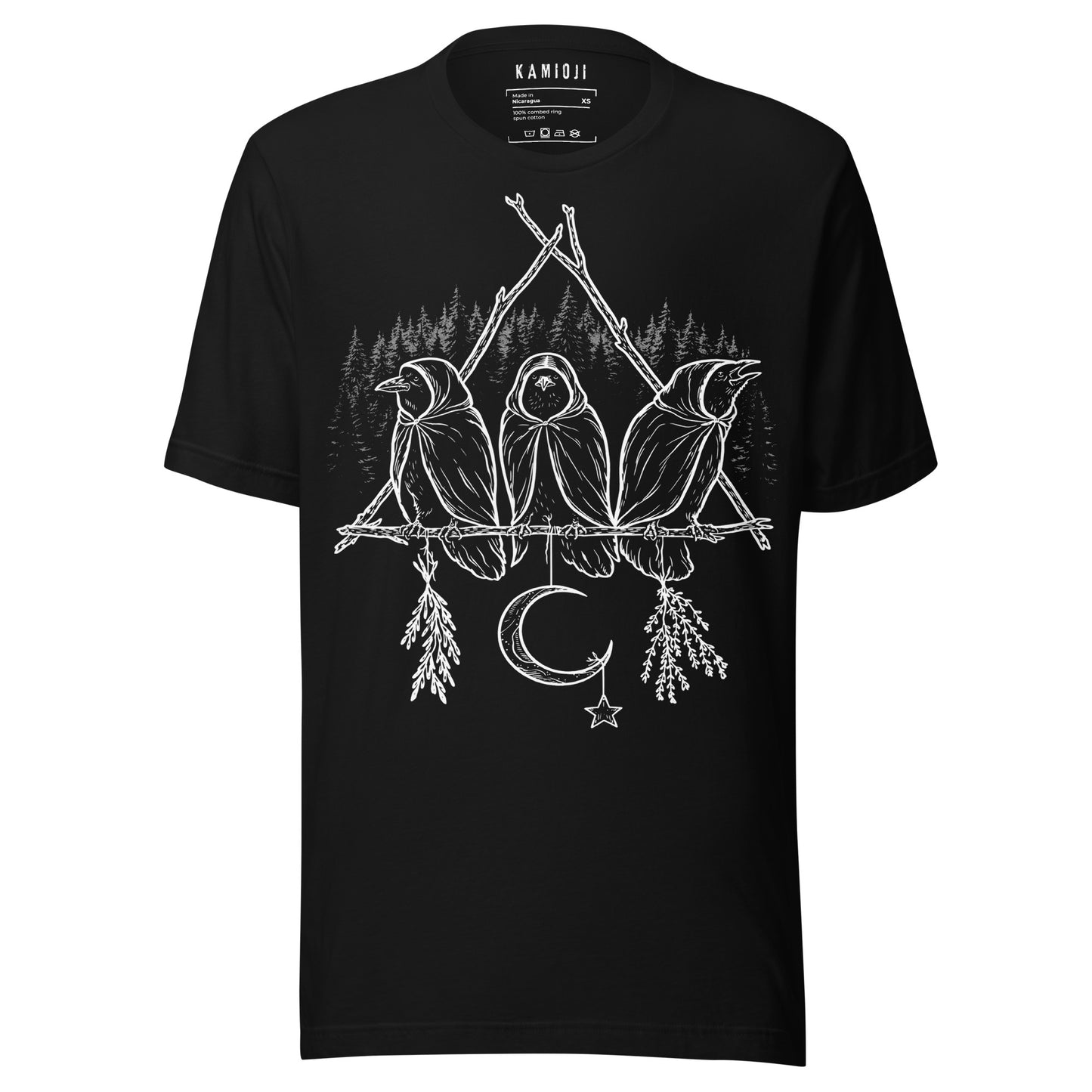 Gothic crow t shirt featuring three birds on a branch with a crescent moon and forest background.