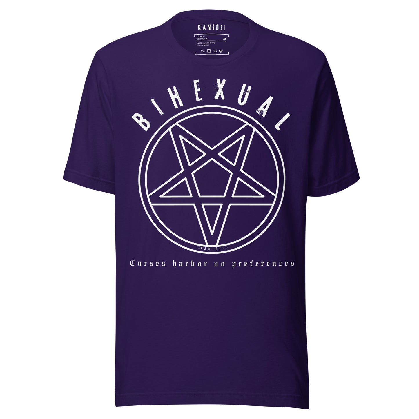Unisex t shirt featuring a restrained occult graphic with Bihexual text and sigil motif.