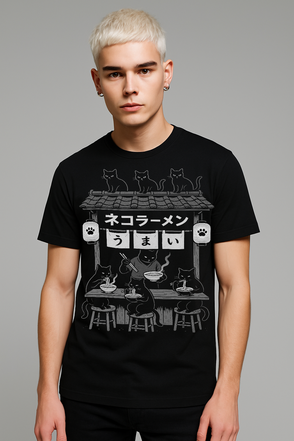 Alternative black tee with cute ramen shop scene of cats slurping noodles under Japanese signage