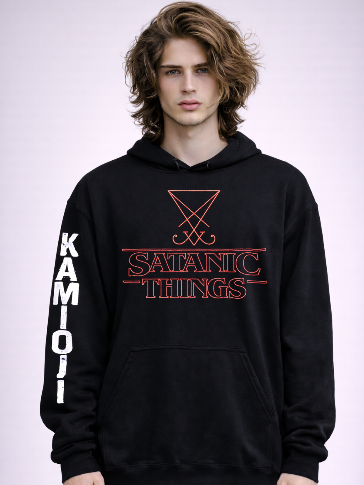 Front view of hoodie showing red “Satanic Things” lettering with a geometric sigil above.
