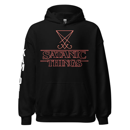 Unisex pullover hoodie with “Satanic Things” text and a sigil symbol printed on the chest.