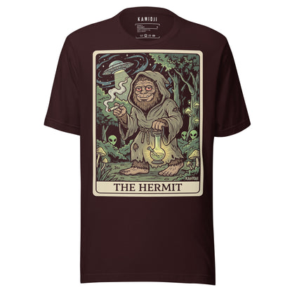 Illustration of Bigfoot walking through a forest with multiple hidden alien figures and large glowing mushrooms at the bottom. Oxblood black variation.