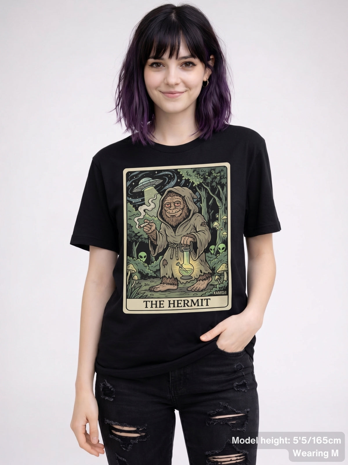 hooded Sasquatch figure holding a bong in place of a lantern on 'The Hermit' tarot card design.