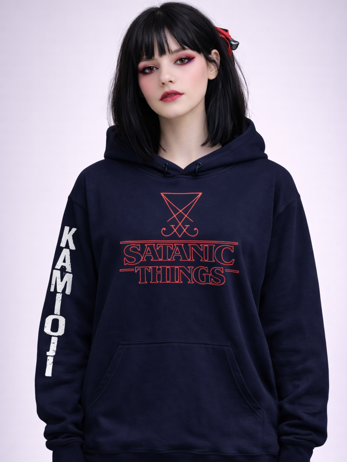Close view of chest print showing “Satanic Things” text with Lucifer sigil icon above.